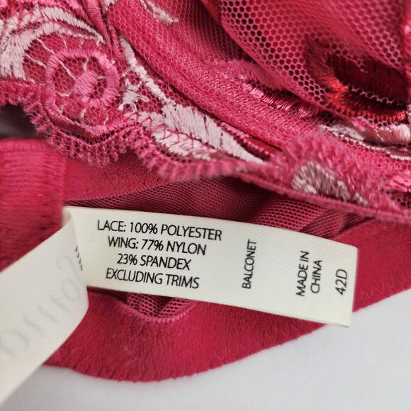 Soma Red Pink Floral Embroidered Underwire Full Coverage Balconette Bra Size 42D - Picture 3 of 4